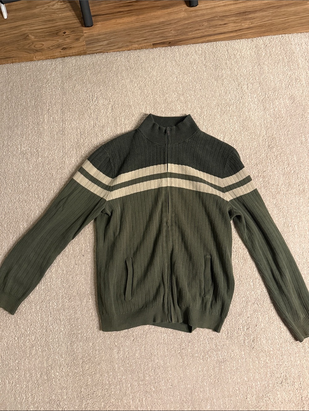 Alfani Olive and Cream Zip-Up Ribbed Sweater